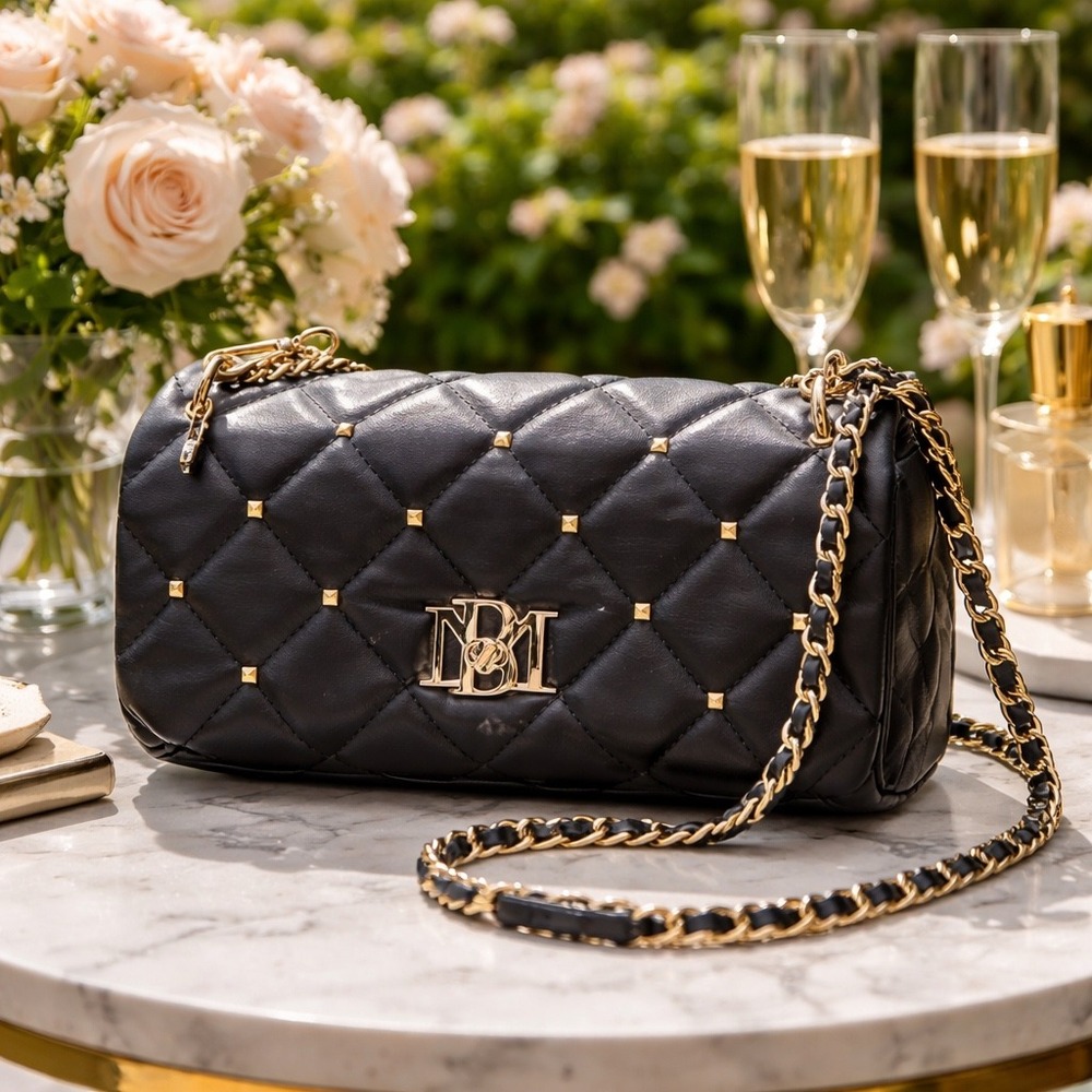 Badgley Mischka Black Quilted Leather‎ Crossbody Bag Gold Studded Chain Strap